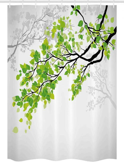 Ambesonne Nature Stall Shower Curtain, Twiggy Spring Tree Branch Leaves Graphic, Fabric Bathroom Decor Set with Hooks,