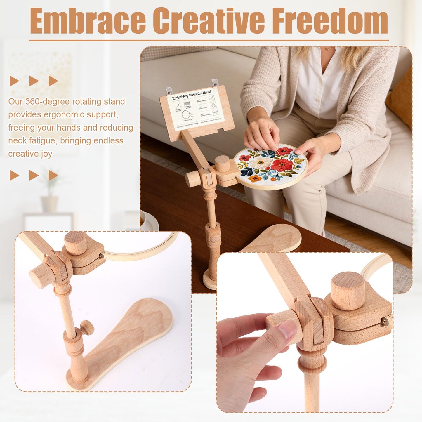 Wood Stitching Embroidery Hoop Stand, Adjustable 360° Rotatable Wooden Embroidery Holder Hands-Free Needlework Holder for Sitting/Lap Frame Cross Stitch Needlepoint Projects