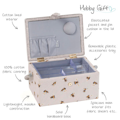 Hobby Gift Medium Sewing Box Organiser, Fabric Covered Storage Box with Handle, Internal Tray, Pin Cushion and Pocket for Sewing, Quilting and Knitting Supplies