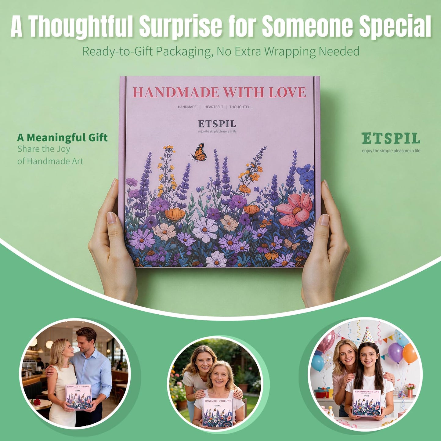 ETSPIL Embroidery Kit for Adults, 4 Pre-Printed Floral Patterns & 2 Hoops, Learn 33 Stitches via 4K HD Videos, Magnetic Needle Minder Included, Beginner-Friendly DIY Gift for Women