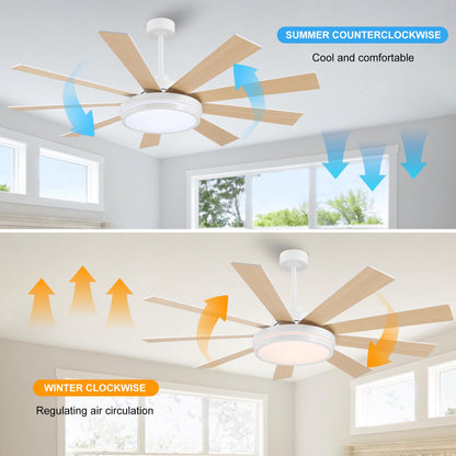 WINGBO 60" Ceiling Fan with Light - Large LED Dimmable Light, 6-Speed Remote Control, Reversible DC Motor, Modern Ceiling Fan 9 Blades for Bedroom, Living Room, Indoor Outdoor White and Oak