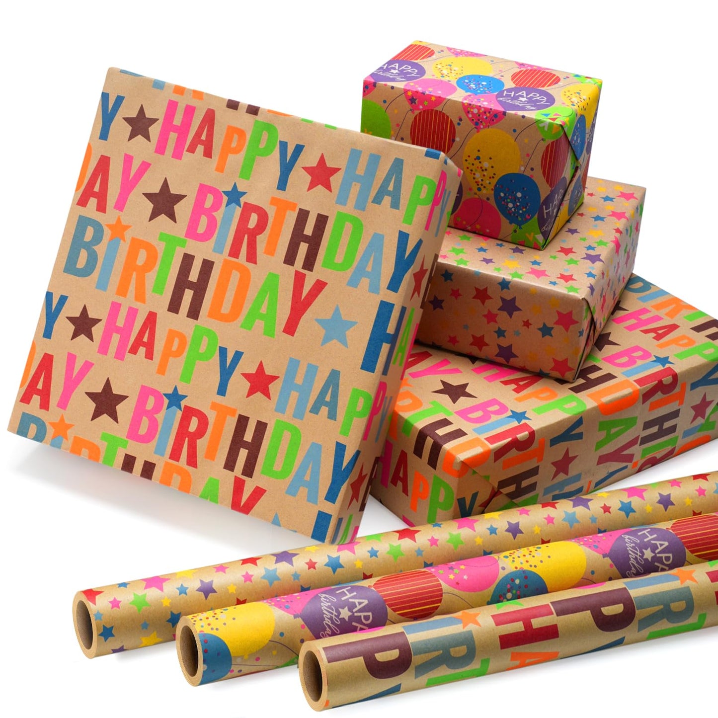 BIOBROWN Kraft Birthday Wrapping Paper, Colorful Gift Wrap with Text Happy Birthday Balloon Stripes Design for Kids, 17 inch X 120 inch Per Roll