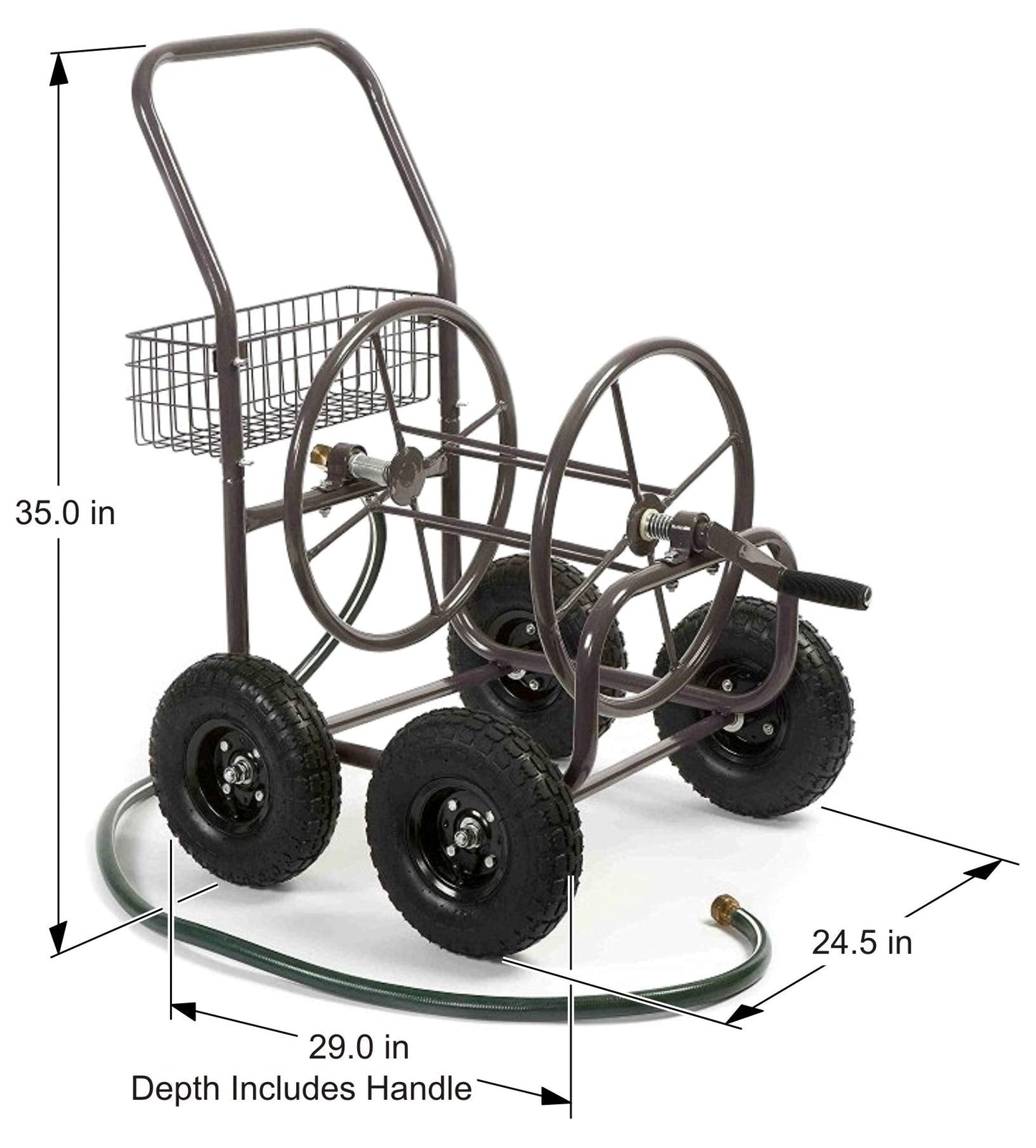 Liberty Garden Residential Grade Four Wheel 250 Foot Capacity Steel Frame Water Hose Reel Cart with Basket for Backyard, Garden, or Home, Brown, Bronze
