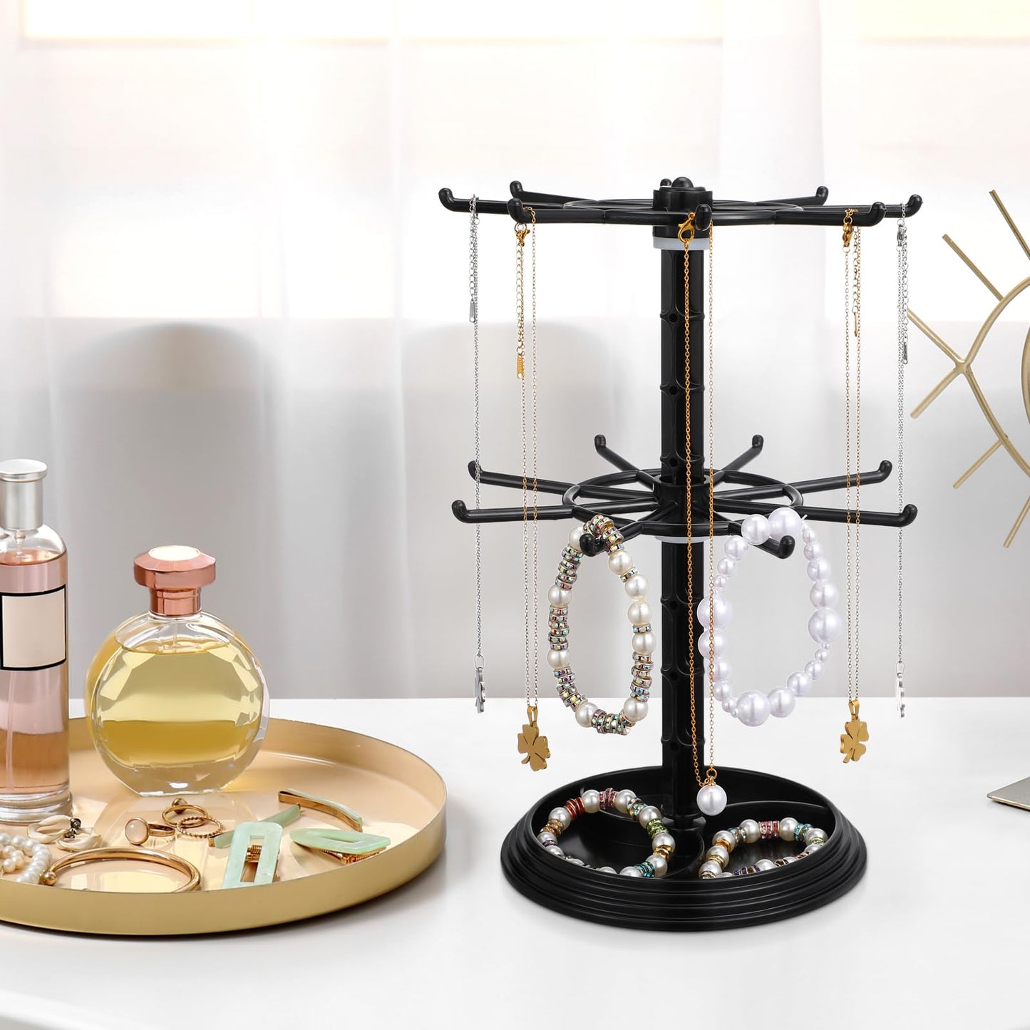 AOKWAWALIY Jewelry Stand 2 Tier Necklace Holder Black Bracelet Hanging Organizer Rotating Jewelry Earring Display Keychain Display Stand Plastic Jewelry Rack for Malls Counter Dressing Table