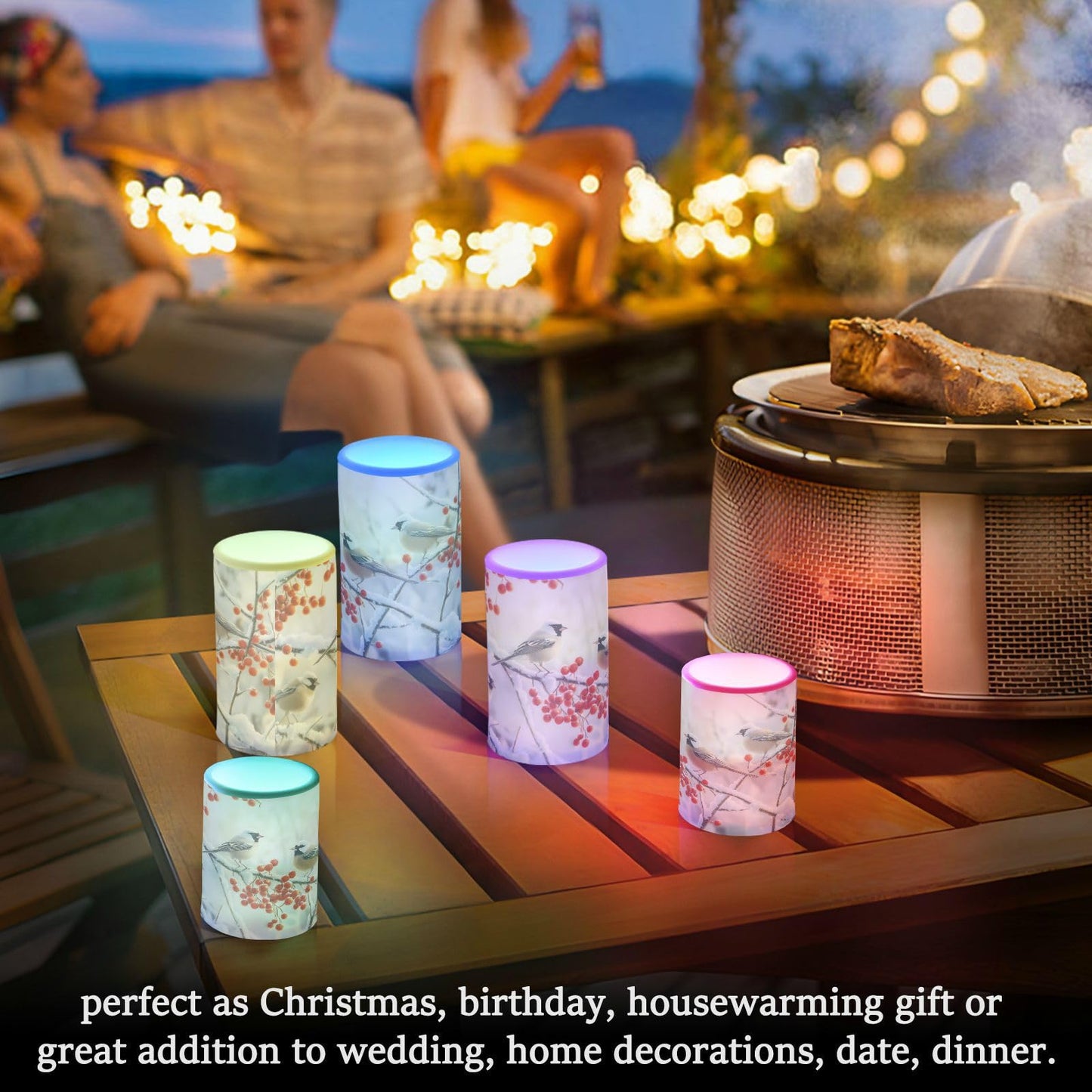 ALAZA Christmas Winter Bird Cherry Snowflake Flickering Flameless Candles Battery Operated with Remote Timer,Tea Light Candles LED Pillar Votive Candles Set of 2 for Outdoor Indoor Decorations