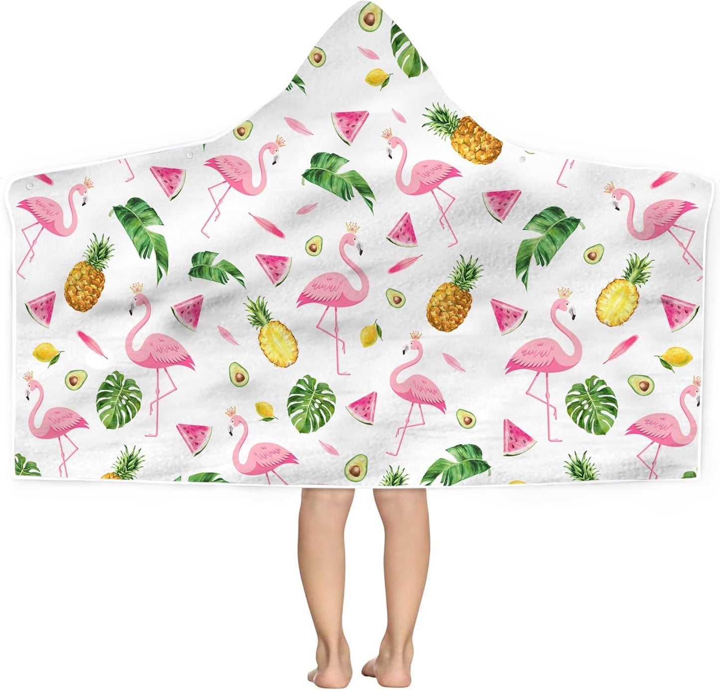 Summer 30''x50 Bonsai Tree Pink Flamingo Bright Hooded Beach Towel, Flamingo Lover Kids Poncho Towel for Boys Girls