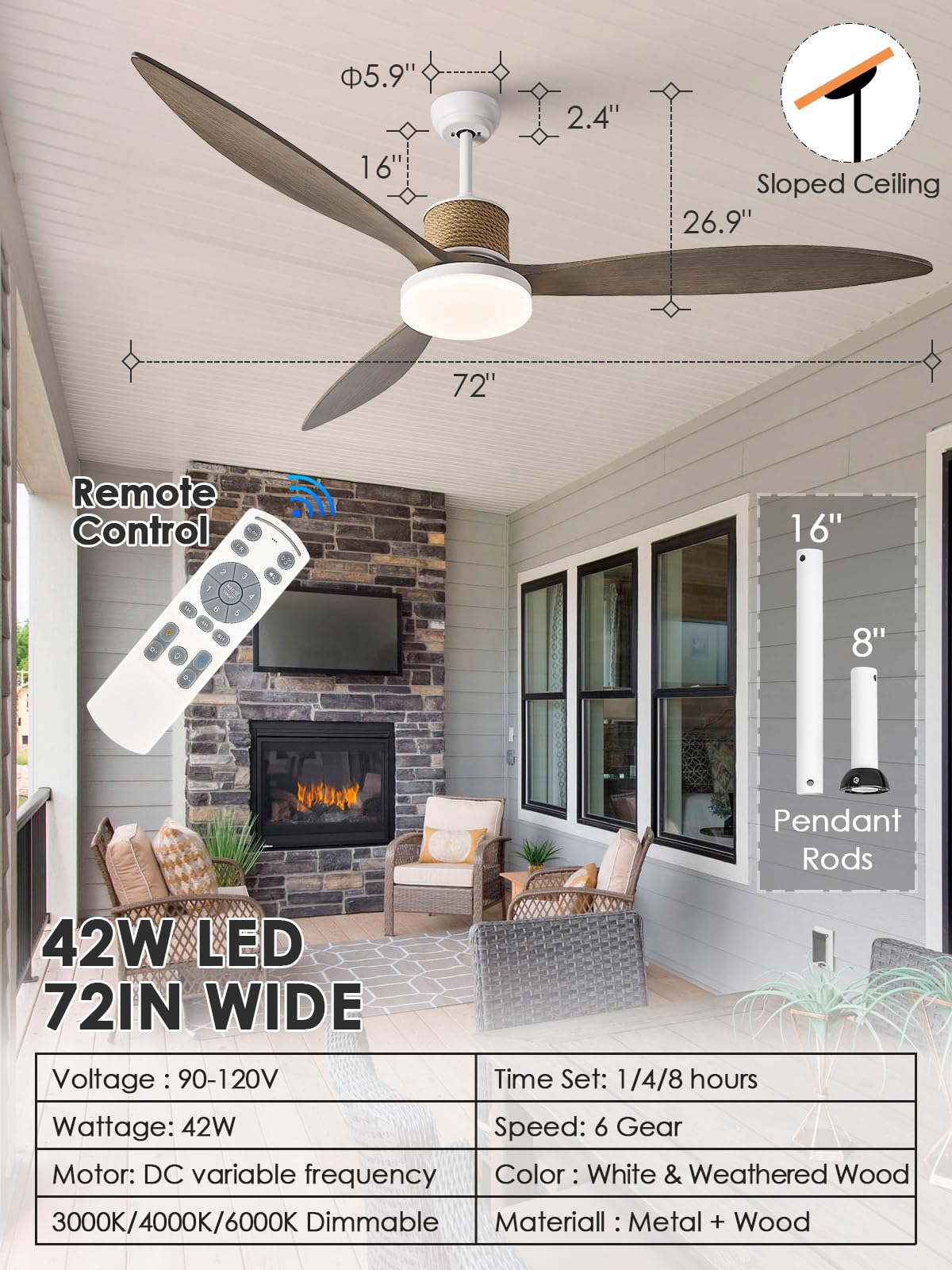 FookChak 72in Large Boho White Ceiling Fan Lights with Remote Control 42W LED Coastal Ceiling Fan with Lights 3 Blade Weathered Wood Ceiling Fans Outdoor Farmhouse for Patio Living Room Kitchen