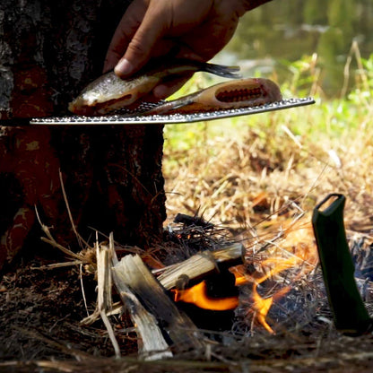 BattlBox Bushcraft Grill Stainless Steel Campfire Cooking Grate (2-Pack) Portable Camping Grate for Fire Cooking BBQ - Canvas Carrying Bag - Welded Mesh Grill Grate - Backpacking, Camping, Hiking