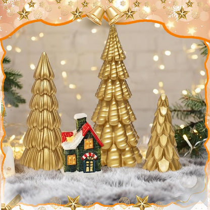 Warmtree Gold Christmas Tree Figurines Set - 3 Pcs Small Resin Tabletop Decor for Indoor Holiday Home Styling