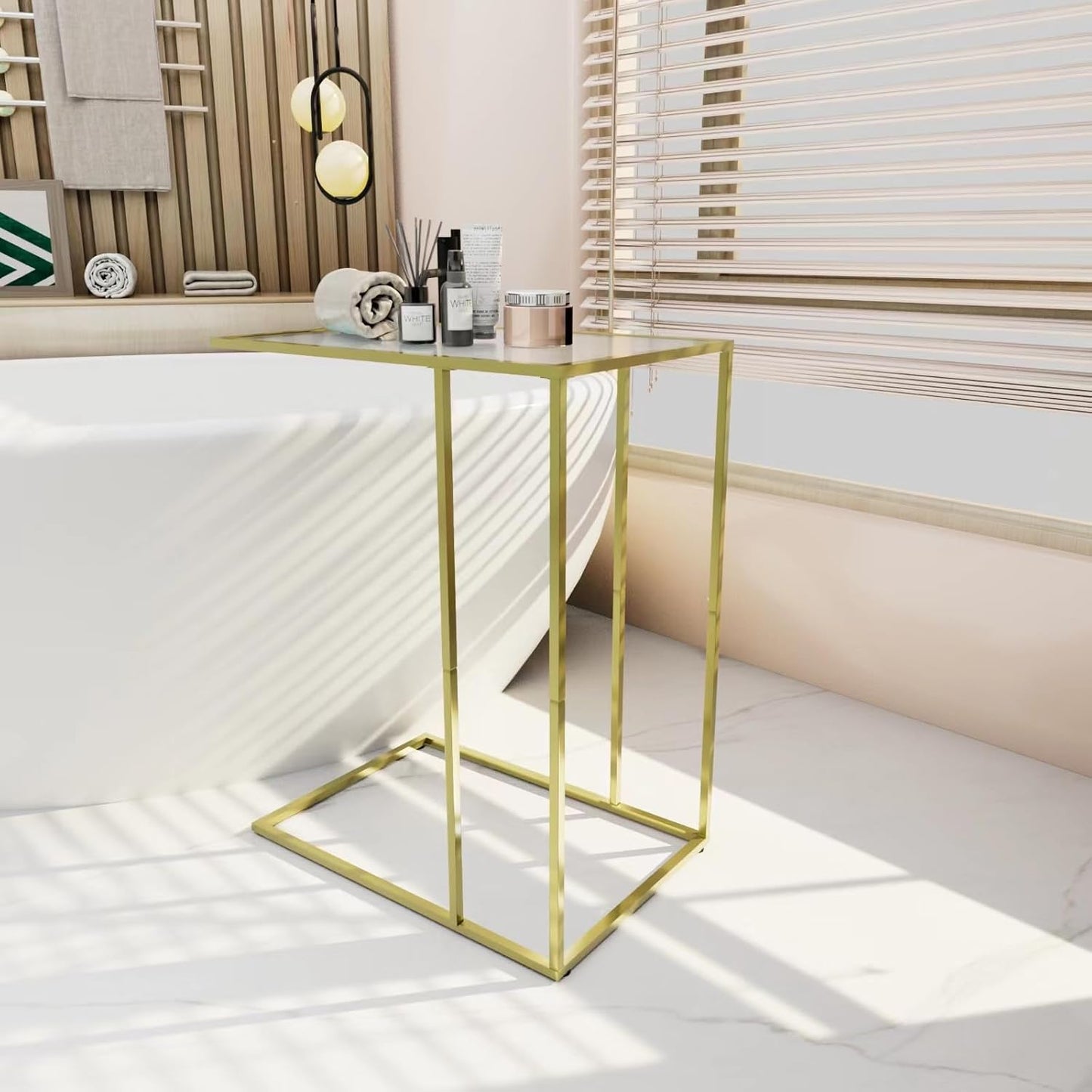 Adompacat C-Shaped End Table, Side Table for Couch,Sofa Snack Table with Tempered Glass & Metal Frame,Small TV Tray