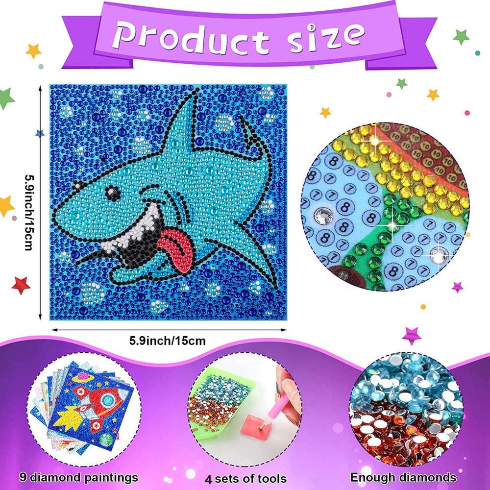 HUBENDMC 9 Pack 5D Diamond Painting Kits Cute Full Drill DIY Gem Arts and Crafts for Beginners Kids Ages 8-12 Diamond Dots for Home Wall Decor 6X6 inch