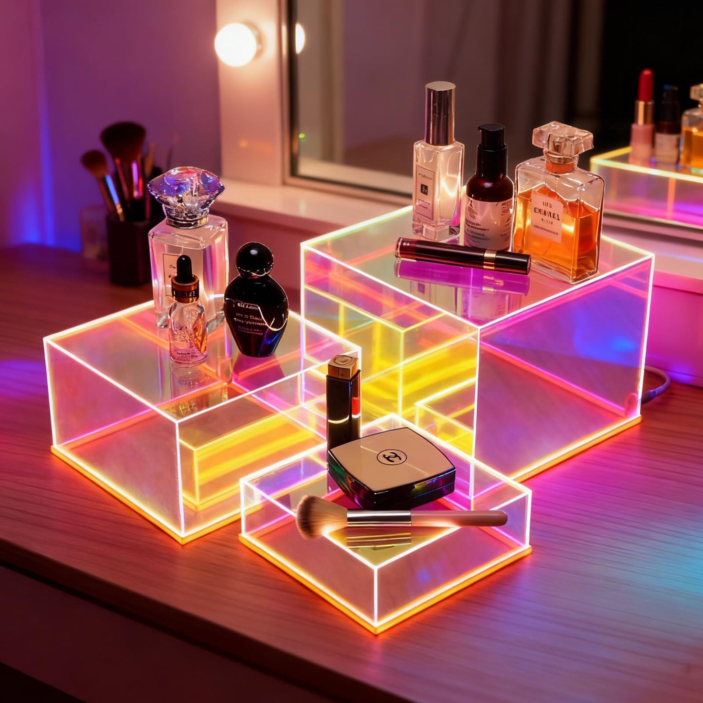 Prismatic Iridescent Display Risers with Plug and Play LED Lights, 3pc-6" 7" 8" Stackable Lighted Cube Box for Figures Jewelry Perfume Purse, Neon Acrylic Display Stands, Rainbow Food Buffet Riser