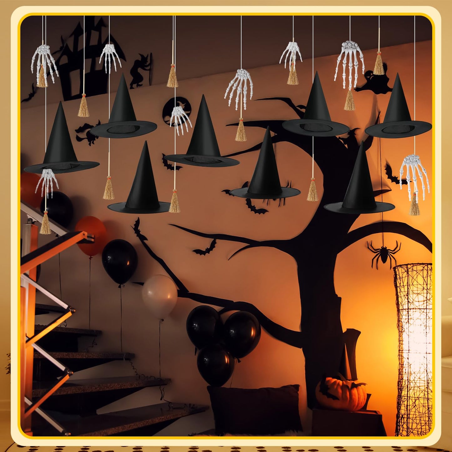 Wavwavw 32 Pcs Halloween Hanging Decorations Set, Floating Witch Brooms Witch Hat Skeleton Hands Wizard Straw Broom Accessories for Party Favors Birthday DIY Crafts