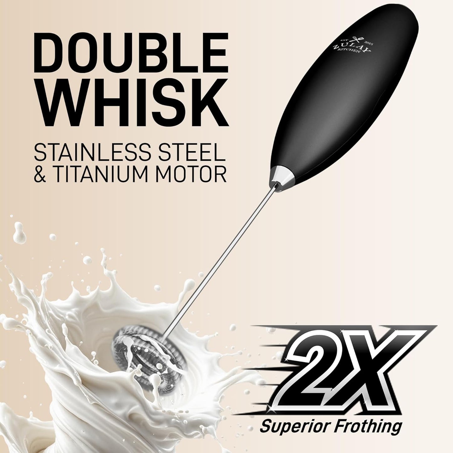 Zulay Kitchen Double Whisk Milk Frother - Powerful Handheld Foam Maker for Coffee, Lattes & More - Includes 2 Duracell Batteries