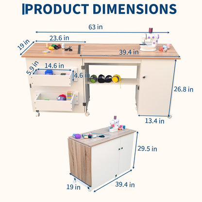 Large Folding Sewing Table, 63" x 19" x 29.5" Multipurpose Portable Craft Station & Side Desk with Compact Design, Caster Wheels, Storage Shelves, 2 Storage Trays, Magnetic Doors, White + Natural
