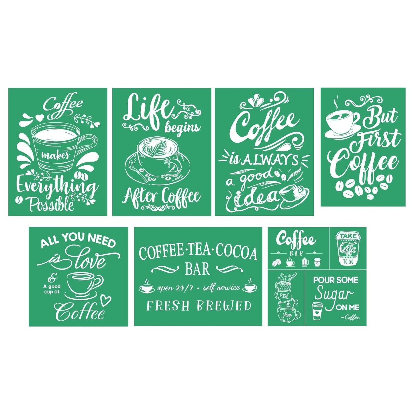DGAGA Silk Screen Stencils,7 PCS Coffee Theme Self Adhesive Silk Screen Transfers Reusable Chalk Paint Mesh Stencils for Painting on Wood Chalkboard Home Decor