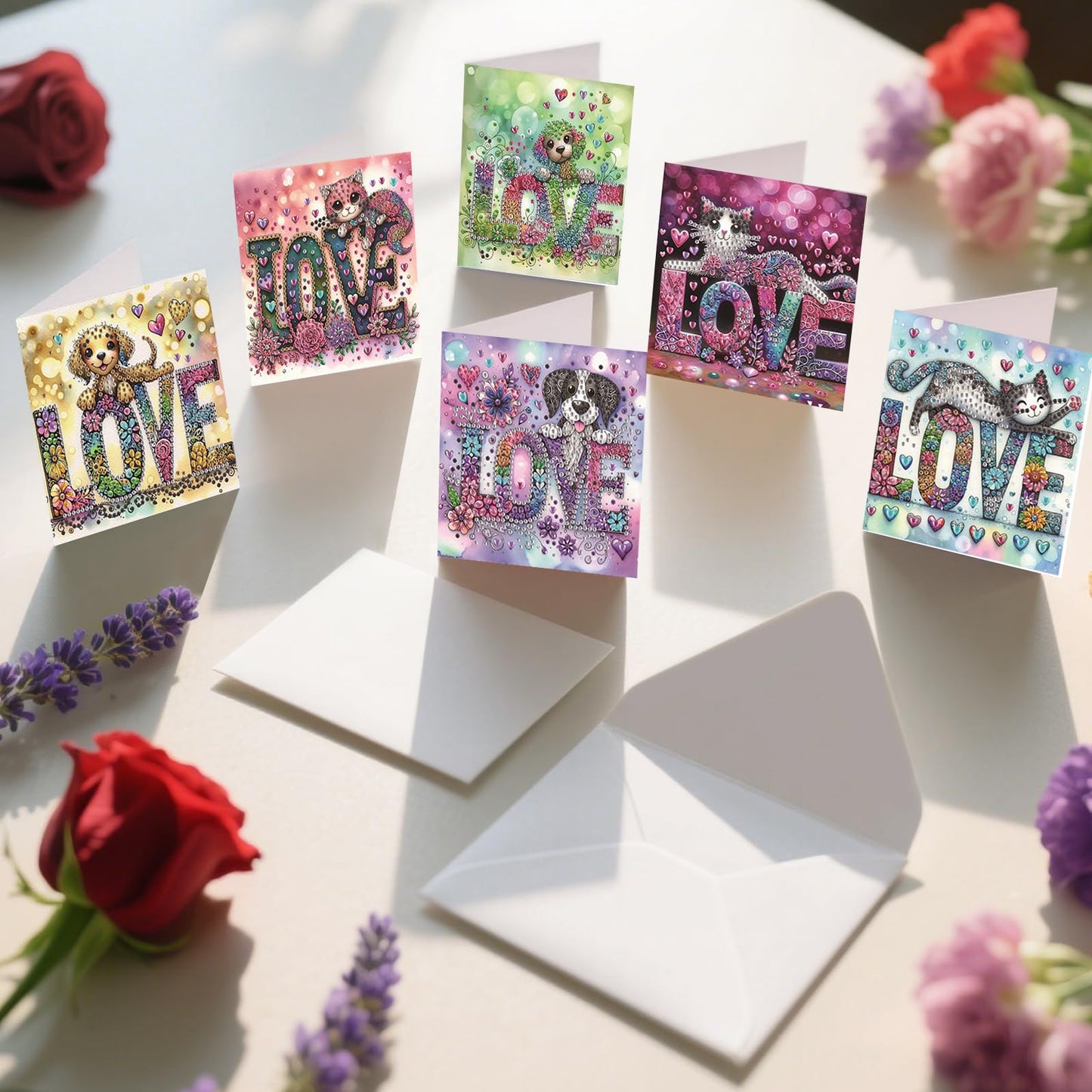 Sulunmo 6pcs DIY Diamond Art Cards Kits for Adults, 5D Diamond Greeting Cards Kits Art Birthday Cards Birthday Gifts for Families, Friends, Partners (Love (With Envelope))
