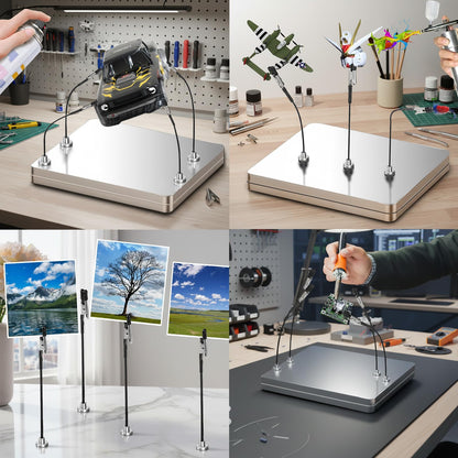 Metal Painting Stand Base Holder Set. INCL 12 PCS Magnetic Bendable Alligator Clip & 1 brush. Modeling Tools for Airbrush Spray, for Gundam Hobby Model Parts Assemble.(Silver)