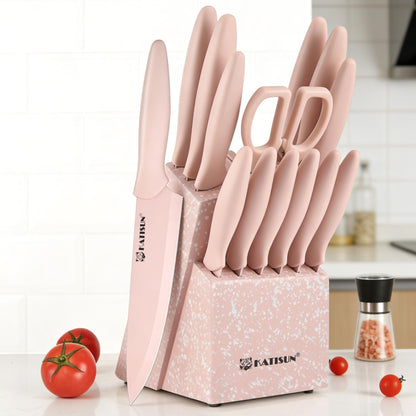 Knife Set, 15 Pieces Knives Sets for Kitchen with Block, Dishwasher Safe Kitchen Knife Set with Built in Sharpener Block, German High Carbon Stainless Steel Knife Block Set with Pink Nonstick Coating