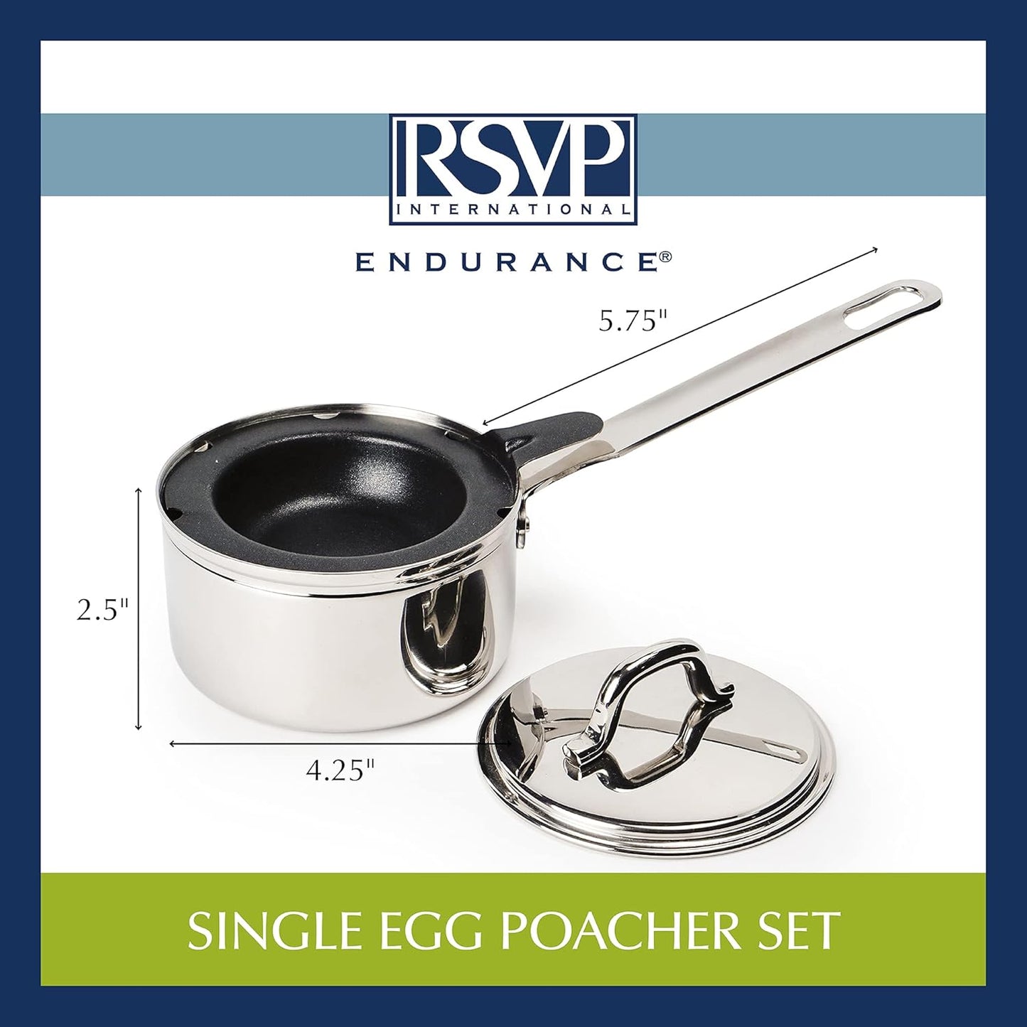 RSVP International Endurance Single Egg Poacher Set - Perfectly Poached Eggs with Stainless Steel Pan, Dishwasher Safe