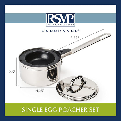 RSVP International Endurance Single Egg Poacher Set - Perfectly Poached Eggs with Stainless Steel Pan, Dishwasher Safe