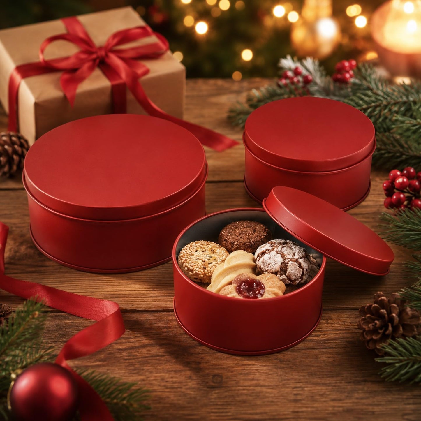 LUOZZY 3 Pcs Round Metal Cookie Tins Red Candy Storage Containers For Baking Pastries Craft Supply And Holiday