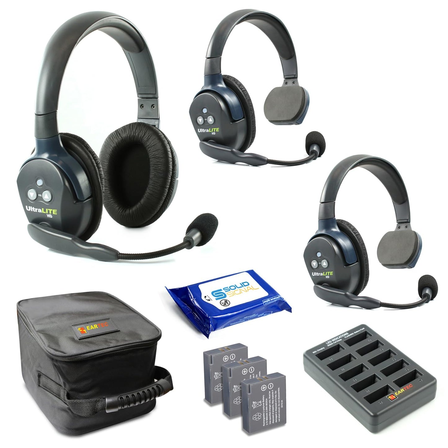Eartec UL4S Ultralite Full Duplex Wireless Headset Communication for 4 Users - 4 Single Ear Headsets with SolidSignal Cleaning Wipes Bundle