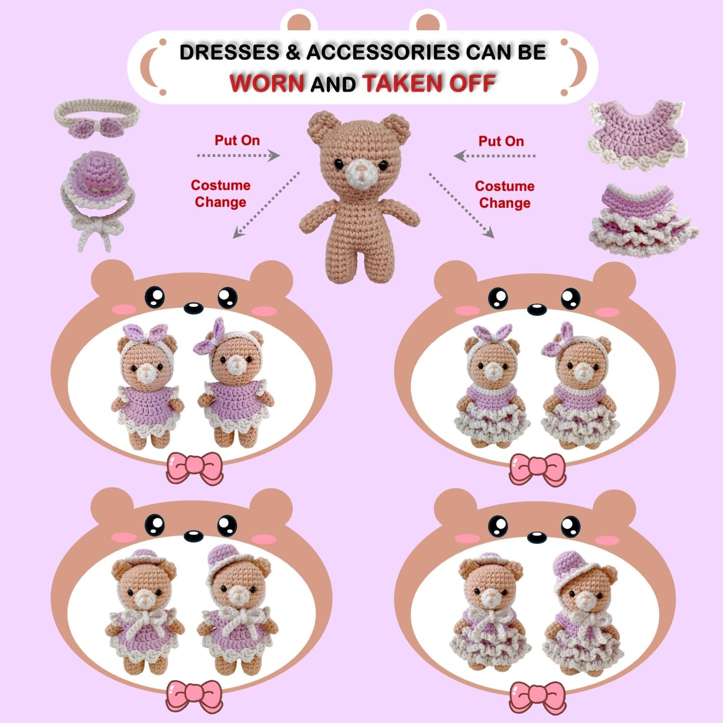 LoopMap Amigurumi Crochet Kit for Beginners with Removable Dress & Video Tutorials, DIY Bear Making Kit Includes Premium Yarn & Tools, Creative Gift for Adults Teens (Purple)