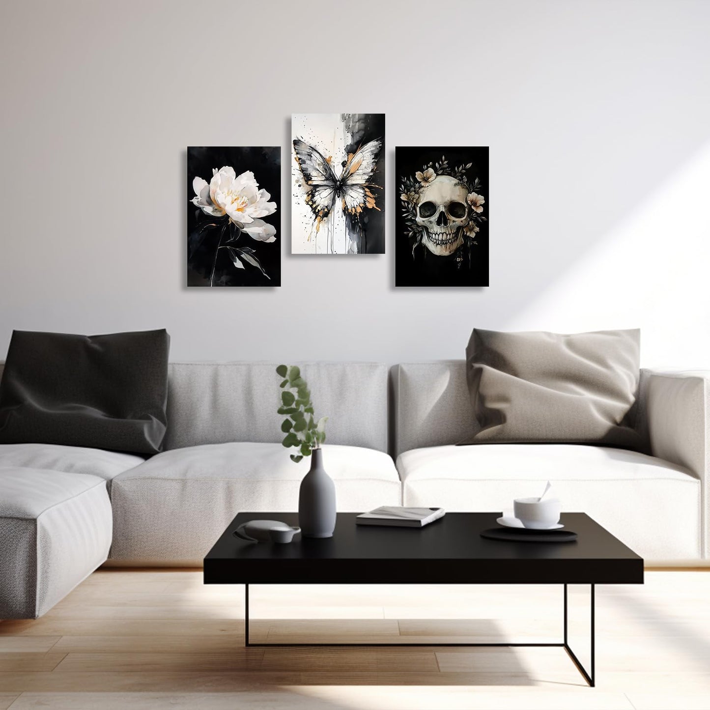 XLMDYYSW Skull Wall Art 3 Piece Black and White Gothic Pictures Skeleton and Flower Canvas Prints Abstract Butterfly Paintings for Bathroom Home Decor Framed (White, 12.00" x 16.00" x 3PCS)
