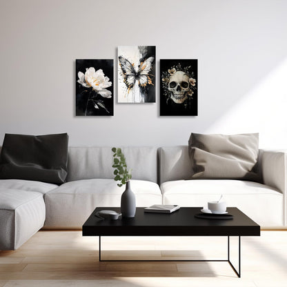XLMDYYSW Skull Wall Art 3 Piece Black and White Gothic Pictures Skeleton and Flower Canvas Prints Abstract Butterfly Paintings for Bathroom Home Decor Framed (White, 12.00" x 16.00" x 3PCS)