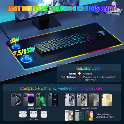 Mouse Pad with Wireless Charging, Large Desk Mat RGB Gaming Mousepad, 10 Light Colors LED Gaming Pad Keyboard Pad with Ultra-Smooth Surface & Non-Slip Rubber Base, Waterproof Full Desk Mouse Pad