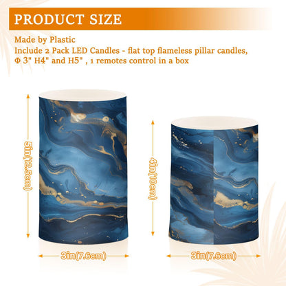 WEVIBOFU Blue and Gold Marble Flickering Flameless Candles LED Battery Operated with Remote Timer Pillar Candles for Home Birthday Wedding Christmas Decor, Set of 2