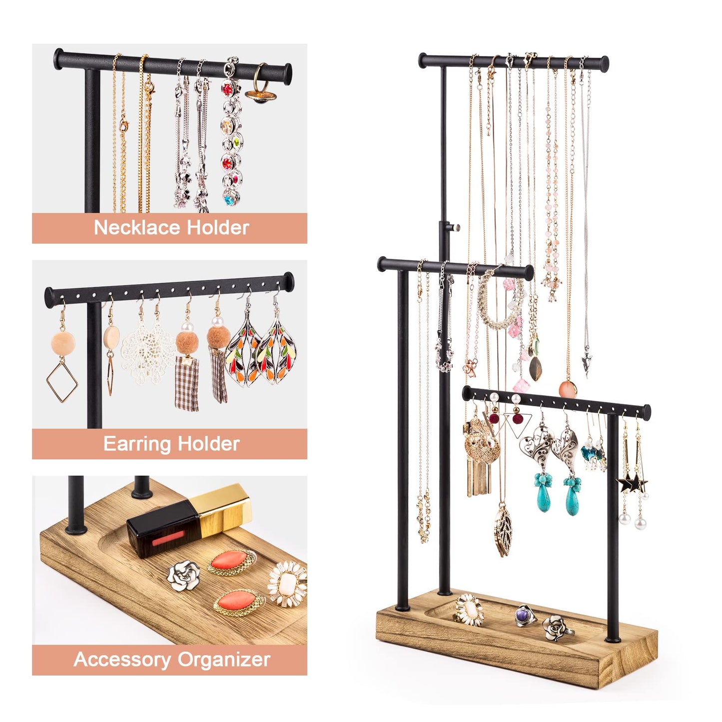 SRIWATANA Jewelry Organizer Stand, Extra Tall Necklace Holder Jewelry Holder, Gift Idea (Carbonized Black & Black)