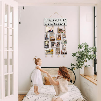 NaZaUK Family Picture Frames Collage Photo Hanging Display, Picture Board Wood Rustic Frames, Hanging Photo Display with Clips, Home Bedroom Wall Decor, Family Where Life Begins and Love Never Ends