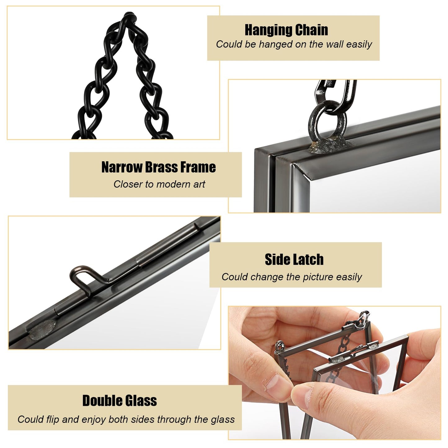 JUXYES 4 Pack Wall Hanging Mini Brass Glass Ornament Frames, Square Floater Picture Artwork Display Frame, Double Glass Floating Tiny Frames Gallery Wall Frame for Photo, Picture, Pressed Flower, Black