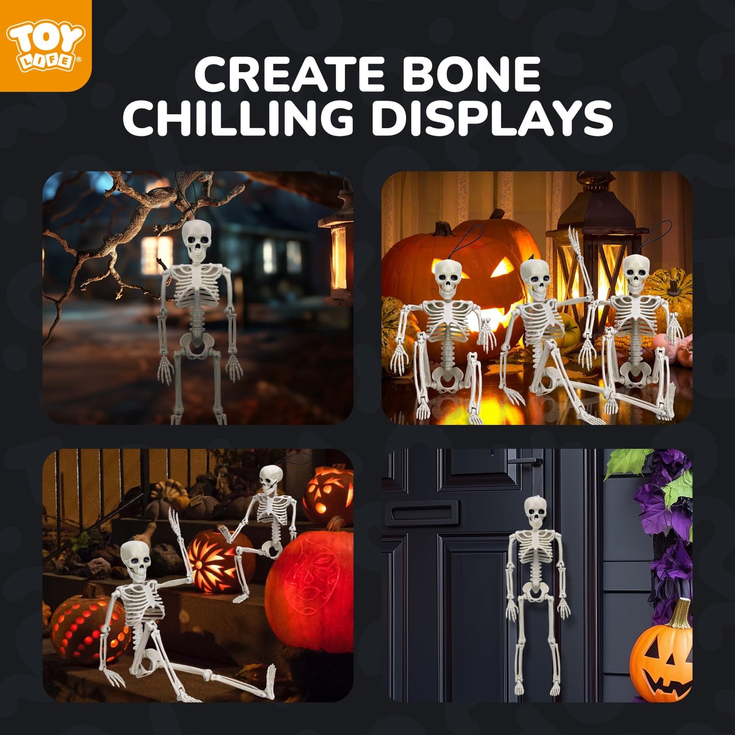 TOY Life 16" Posable Halloween Skeleton Decor - 10 Pcs Full Body Joints for Outdoor Indoor Decorations, Hanging Plastic Skeletons