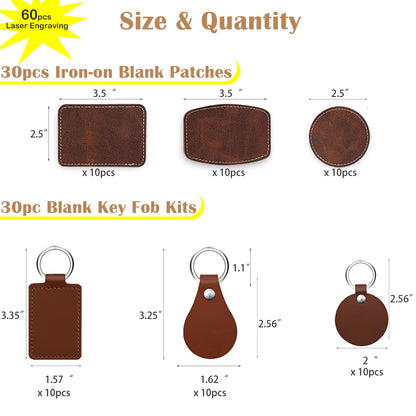 iFForce 60 Pcs Lasable Engravable Blanks - Leatherette Iron on Hat Patches & PU Leather Key Fob Kit for DIY Custom Laser Engraving Craft Gifts
