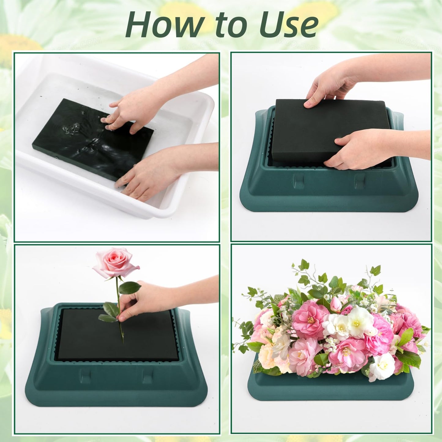 Jowgut 3 Pack Floral Foam with Bowl Kit, 12.8"L × 11.2"W × 2.8"H Large Rectangle Flower Arrangement Base Casket Saddle, Plastic Flower Foam Blocks Funeral Supplies for Table Party Wedding Festival