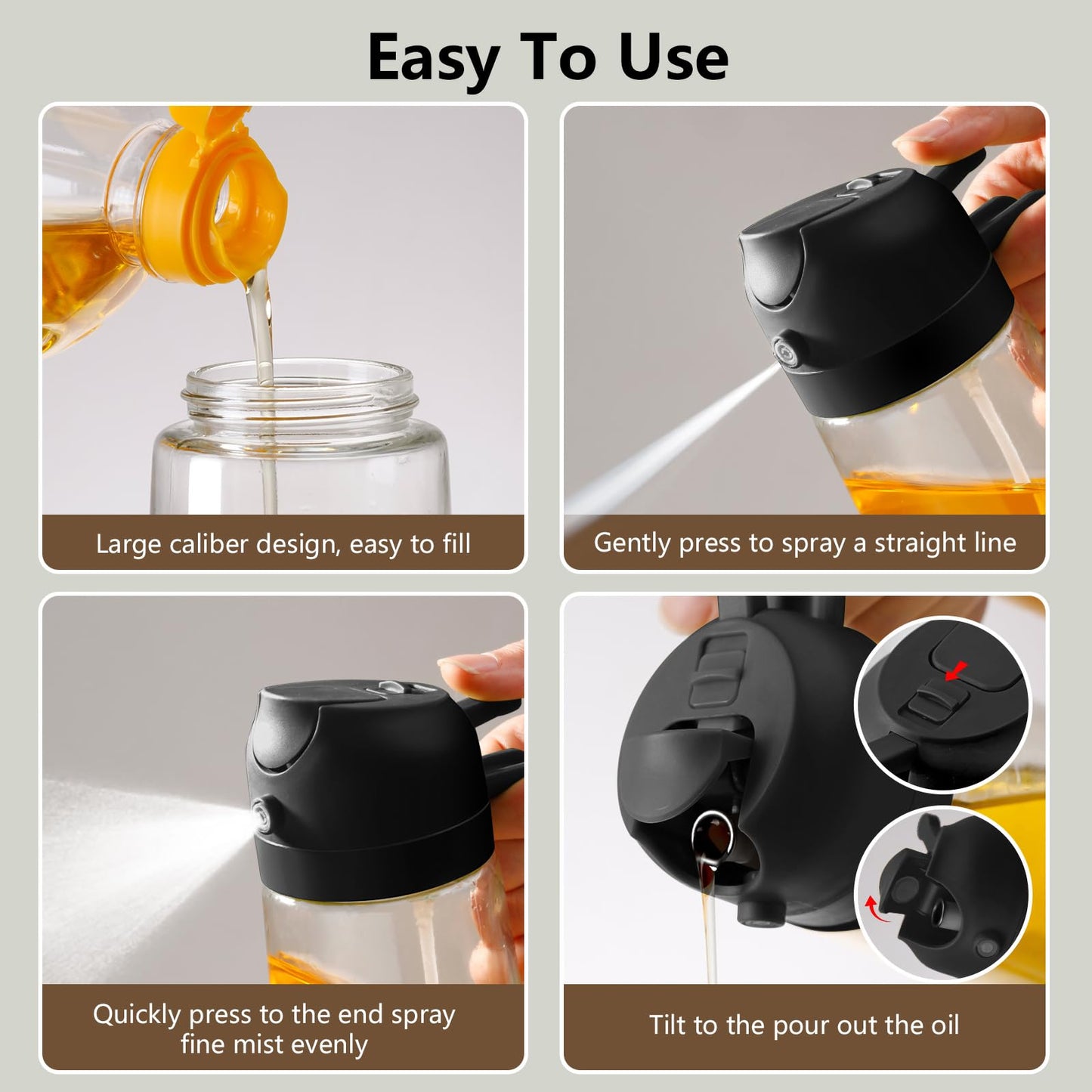 SWEET VIEW Olive Oil Sprayer for Cooking, 470ml 2 In 1 Glass Oil Dispenser/Pour Bottle, Kitchen Accessories, Kitchen Gadgets for Air Fryer, Salad, BBQ (Black)