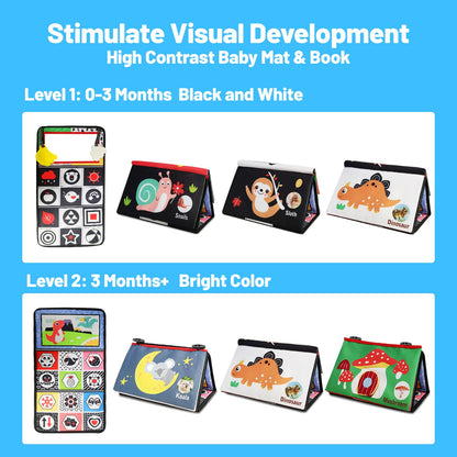 Baby Mirror Toys for Tummy Time, Newborn Infant 0 3 4 6 12 Months Old Boy, Girl Gift. Brain Developmental Montessori Sensory High Contrast Crinkle Book w Safe Mirror for Floor, Crib, Car, Bouncer