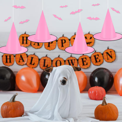Coneatness 12 PCS Witch Hats with Hanging Rope, 16 PCS 3D Bats Stickers for Halloween Indoor Outdoor Yard Decor, Pink Party Decorations, Wizard Costume for Women