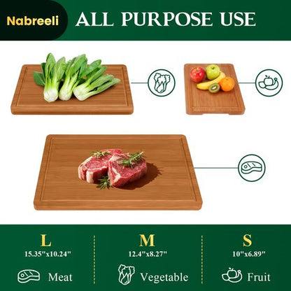 Bamboo Cutting Board Set, Wood Chopping Boards with Juice Groove & Non-Slip Feet, Large Wooden Boards for Meat, Cheese Charcuterie, Kitchen Gifts for Mom