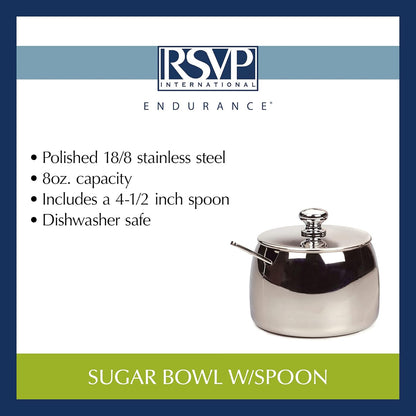 RSVP International 8 oz Stainless Steel Sugar Bowl with Lid and 4.5" Spoon
