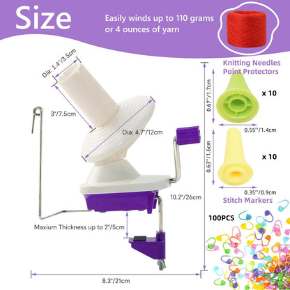 Yarn Ball Winder, Hand Operated Purple Ball Winders for Yarn, Yarn Winder with Easy Installation for Yarn Storage +20 PCS Knit Knitting Needles Point Protectors+100 PCS Stitch Knitting Needles