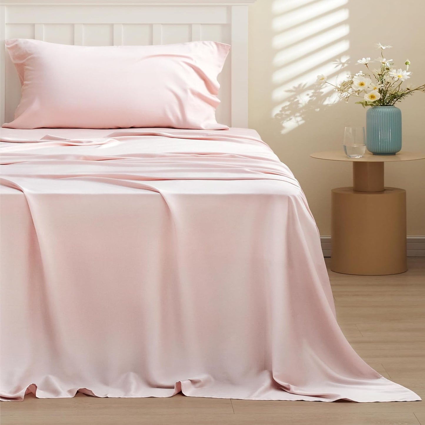 Bedsure Cooling Twin Sheets - Breathable & Soft Rayon from Bamboo | Deep Pocket Up to 16 Inches, Pink