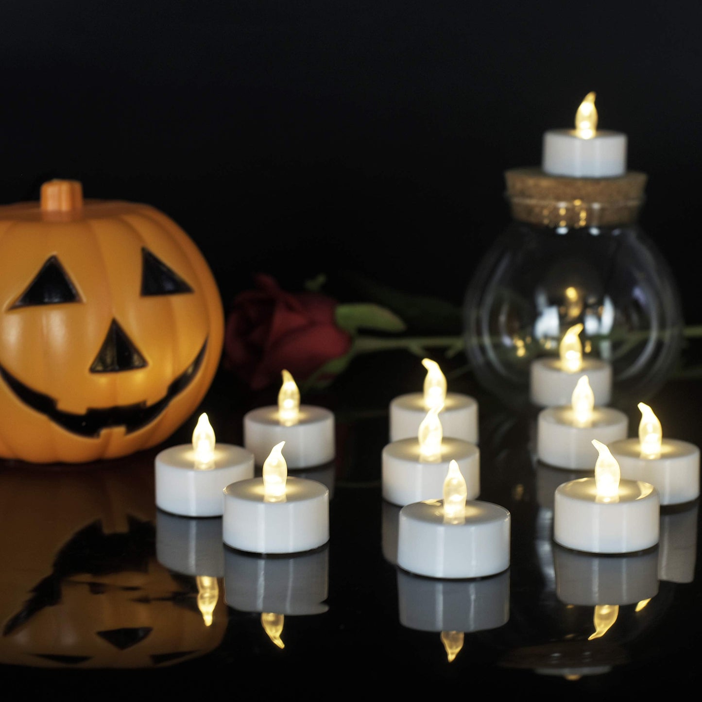 JUNPEI 50Pack Battery Tea Lights Candles- LED Tea Lights Realistic Bright Flickering Holiday Gift Operated Flameless LED Tea Light for Seasonal & Festival Celebration Warm White Lamp Battery Powered