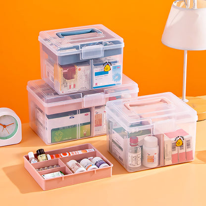 FOREVERIE Small Portable Plastic Storage Box for Beauty Ornaments Hair Nail Accessories, Cosmetic Case with Handle & Removable Tray & a Divider, Sewing Box Organizer, Kids Art Box (Clear & Pink)