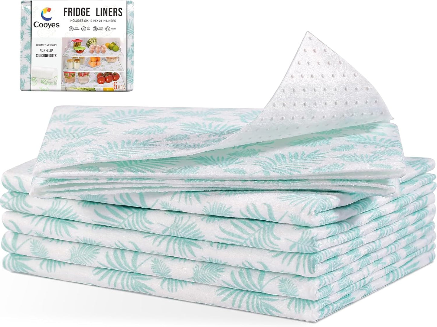 Cooyes Absorbent Refrigerator Liners, Non Slip Fridge Bin Liners, Washable Shelf Liner for Glass Shelves, 6 Pack