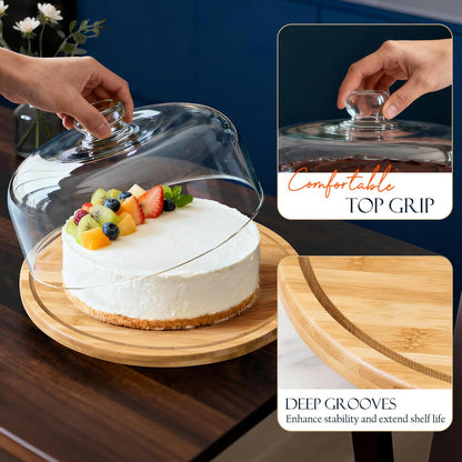 Masthome 11 IN Cake Stand with Lid, Bamboo Wood Rotating Cake Holder with Dome, BPA Free Cake Dish with Cover, Cake Plate with Cover for Birthday/Kitchen/Party/Weddings