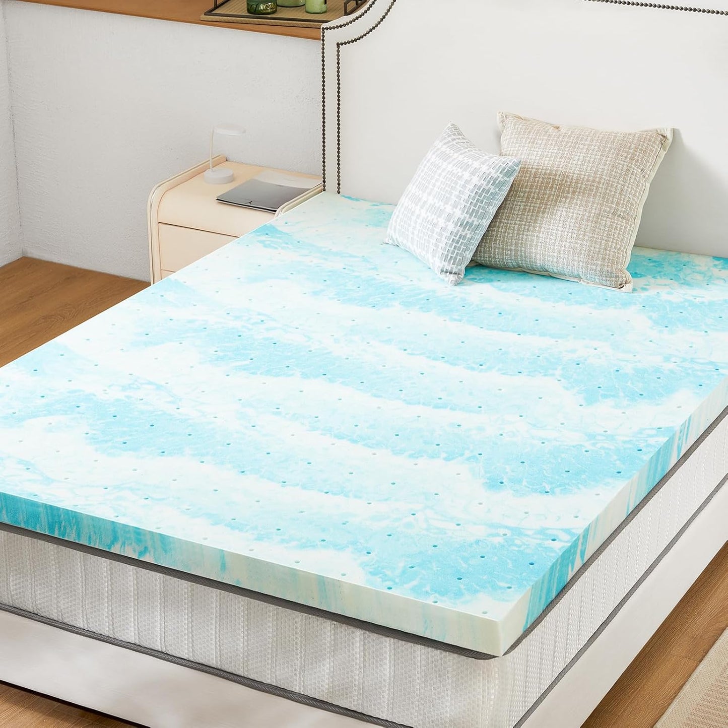Sweetcrispy Memory Foam Mattress Topper - 3 Inch Thick Gel-Infused Cooling Pad for Queen Size Bed | CertiPUR-US Certified, Breathable Blue